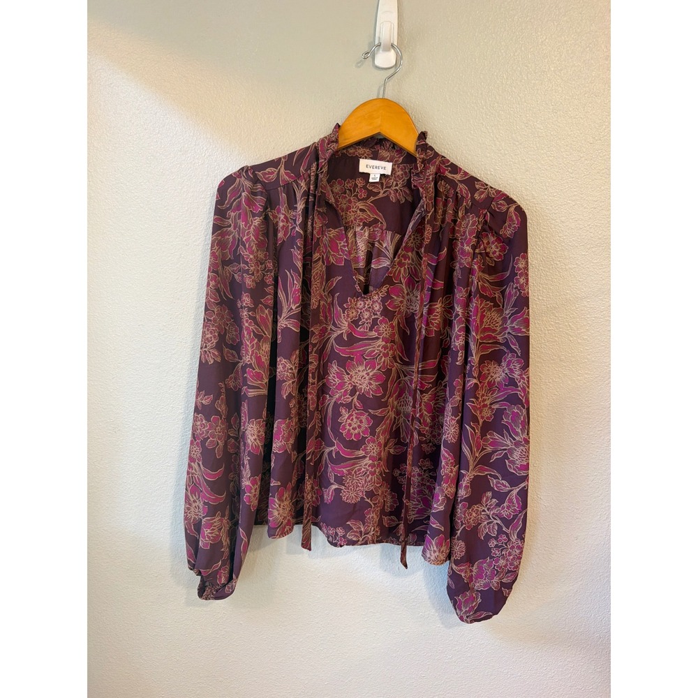 Evereve Blouse Women Large Purple Floral Ruffle Neck Tie Front Long Sleeve Boho
